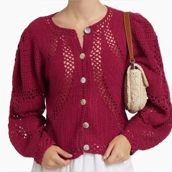 New! FARM Rio Flower Crochet Knit Burgundy Rec Cardigan ♥️ Small NWT! - Picture 6 of 12